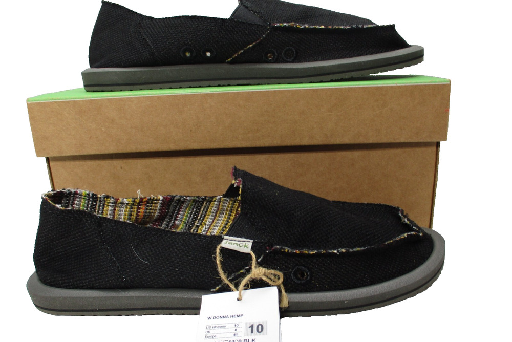 Sanuk Donna Soft Top Hemp Natural Slip On Shoes Loafers Black Womens Sz 10